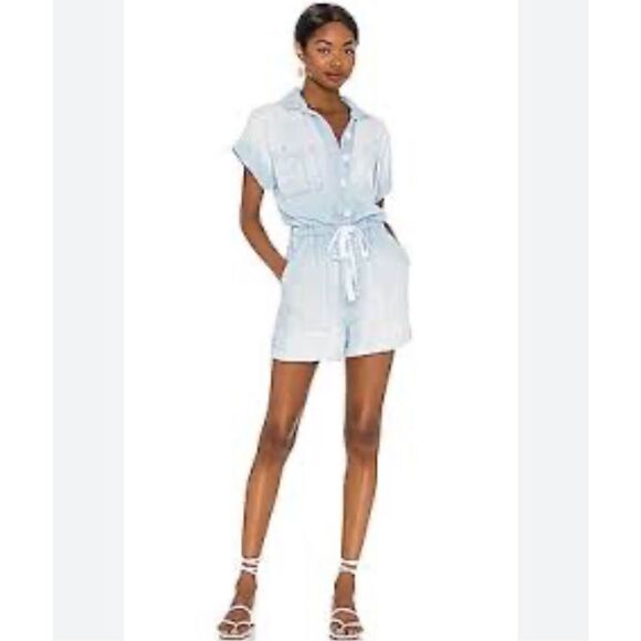 Cloth & Stone Anthropologie XS XSmall Chambray Jean Romper Button‎ Tie Waist - Picture 1 of 6